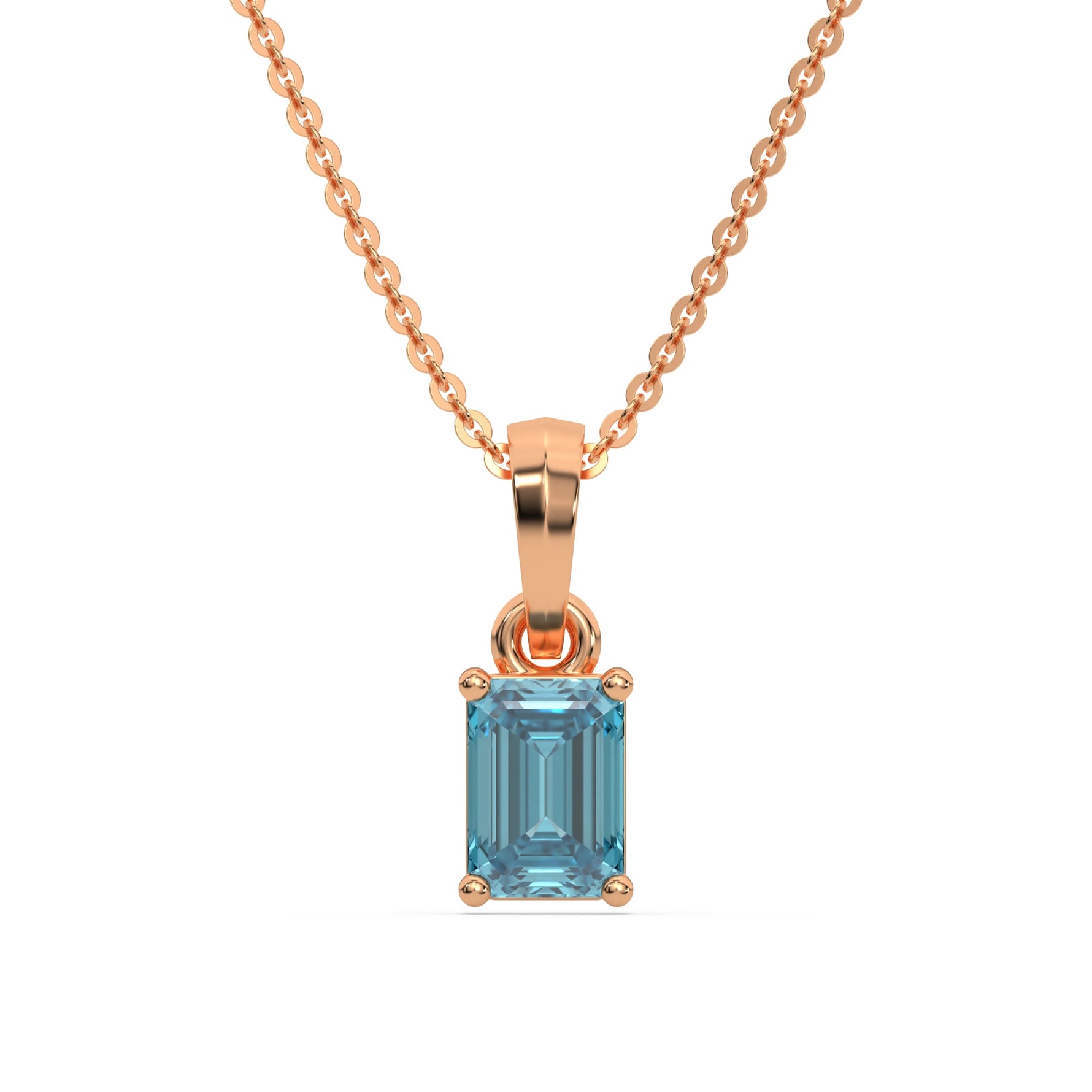 This rose gold Fancy Blue Emerald Solitaire Diamond Necklace made with an fancy Blue emerald cut diamond in a four prong setting with adjustable chain in top view