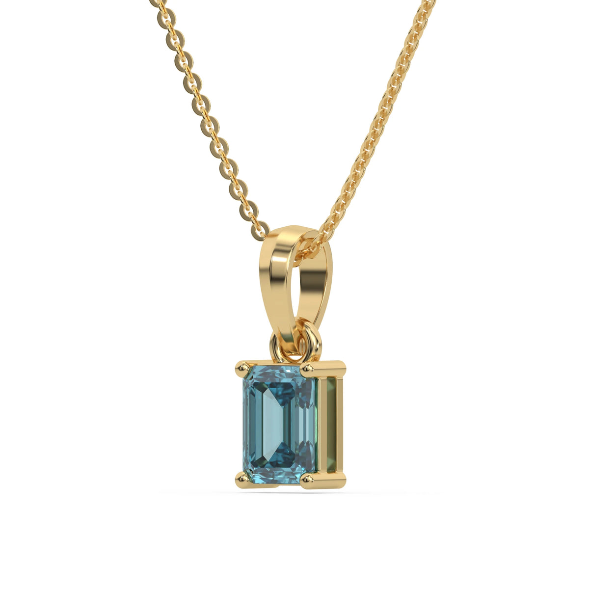 This yellow gold Fancy Blue Emerald Solitaire Diamond Necklace made with an fancy Blue emerald cut diamond in a four prong setting with adjustable chain in side view