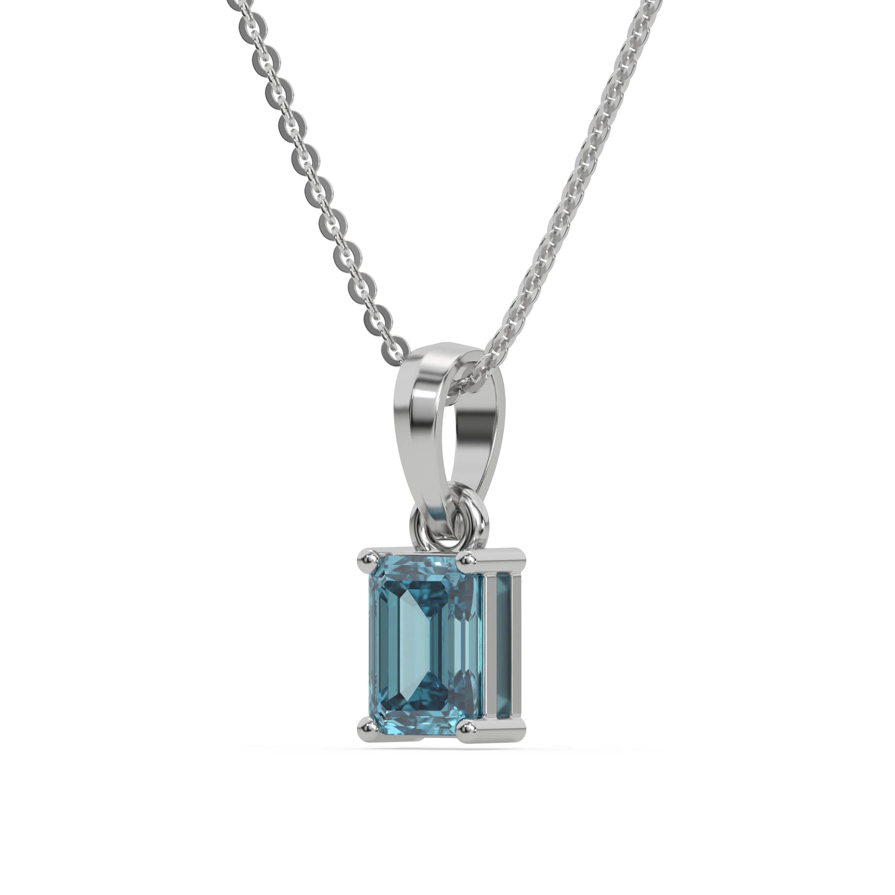 This white gold Fancy Blue Emerald Solitaire Diamond Necklace made with an fancy Blue emerald cut diamond in a four prong setting with adjustable chain in side view