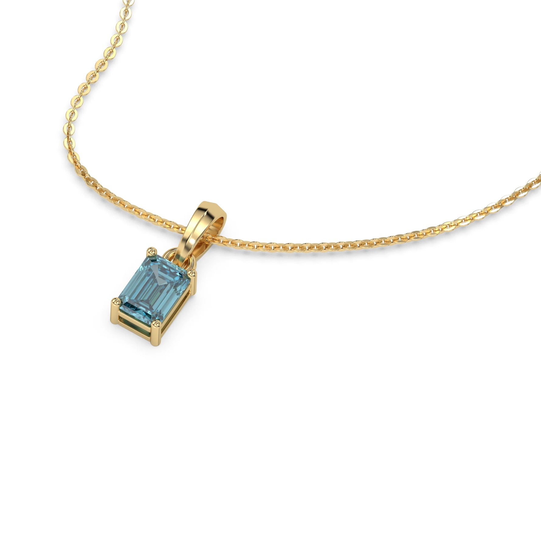 This yellow gold Fancy Blue Emerald Solitaire Diamond Necklace made with an fancy Blue emerald cut diamond in a four prong setting with adjustable chain in 3d view