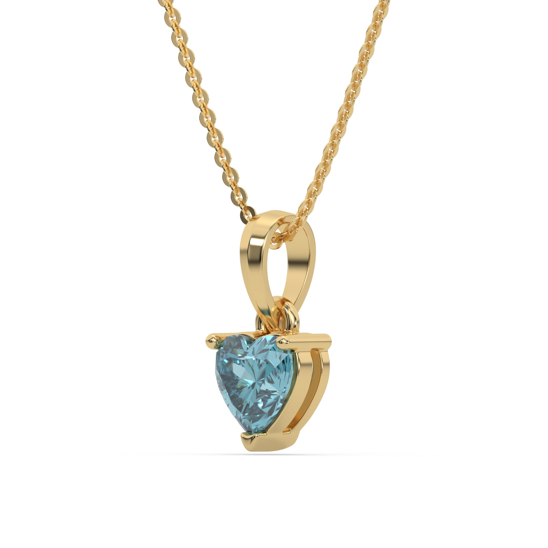 This yellow gold Fancy Blue Heart Solitaire Diamond Necklace made with a fancy Blue heart cut diamond in a four prong setting with adjustable chain in side view