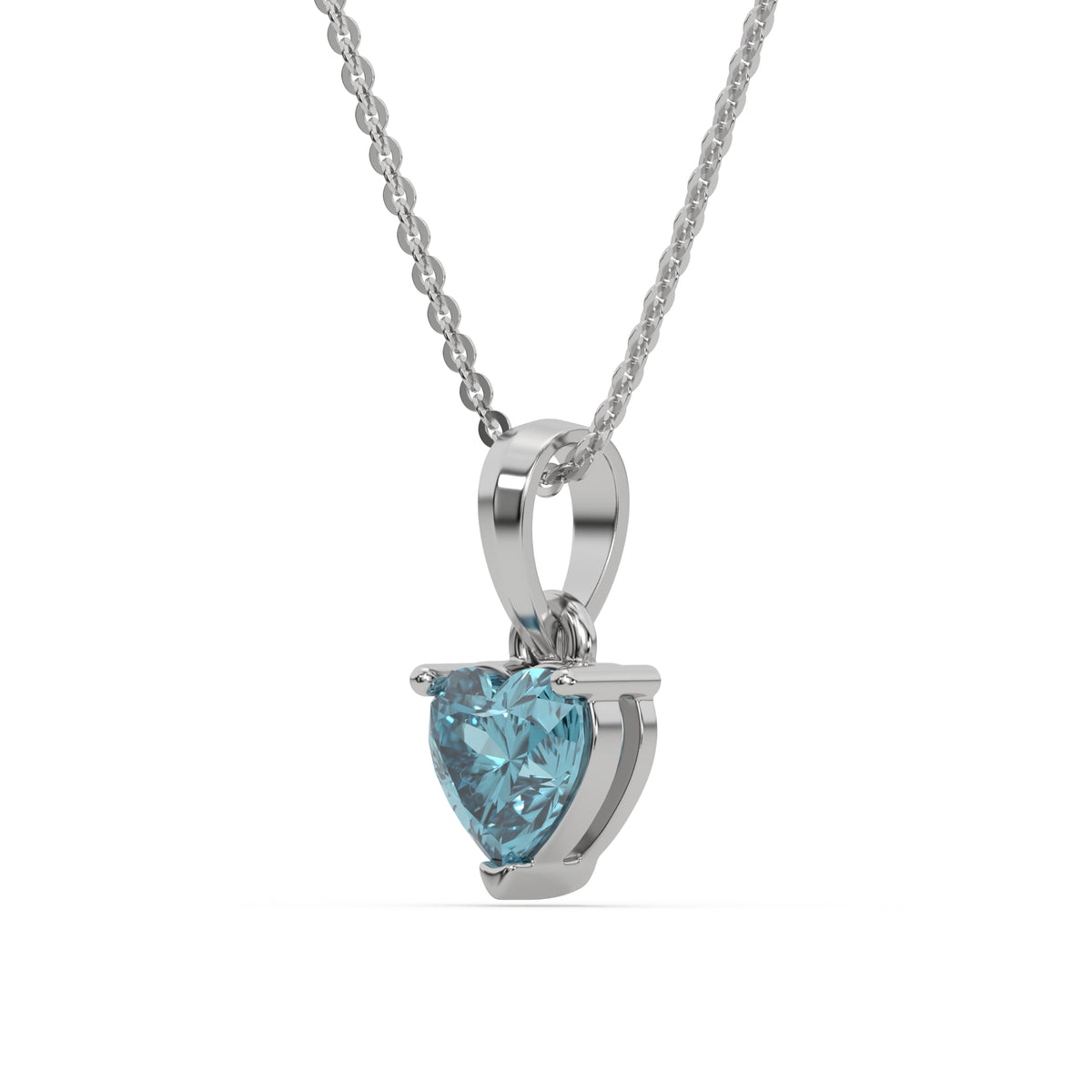 This white gold Fancy Blue Heart Solitaire Diamond Necklace made with a fancy Blue heart cut diamond in a four prong setting with adjustable chain in side view