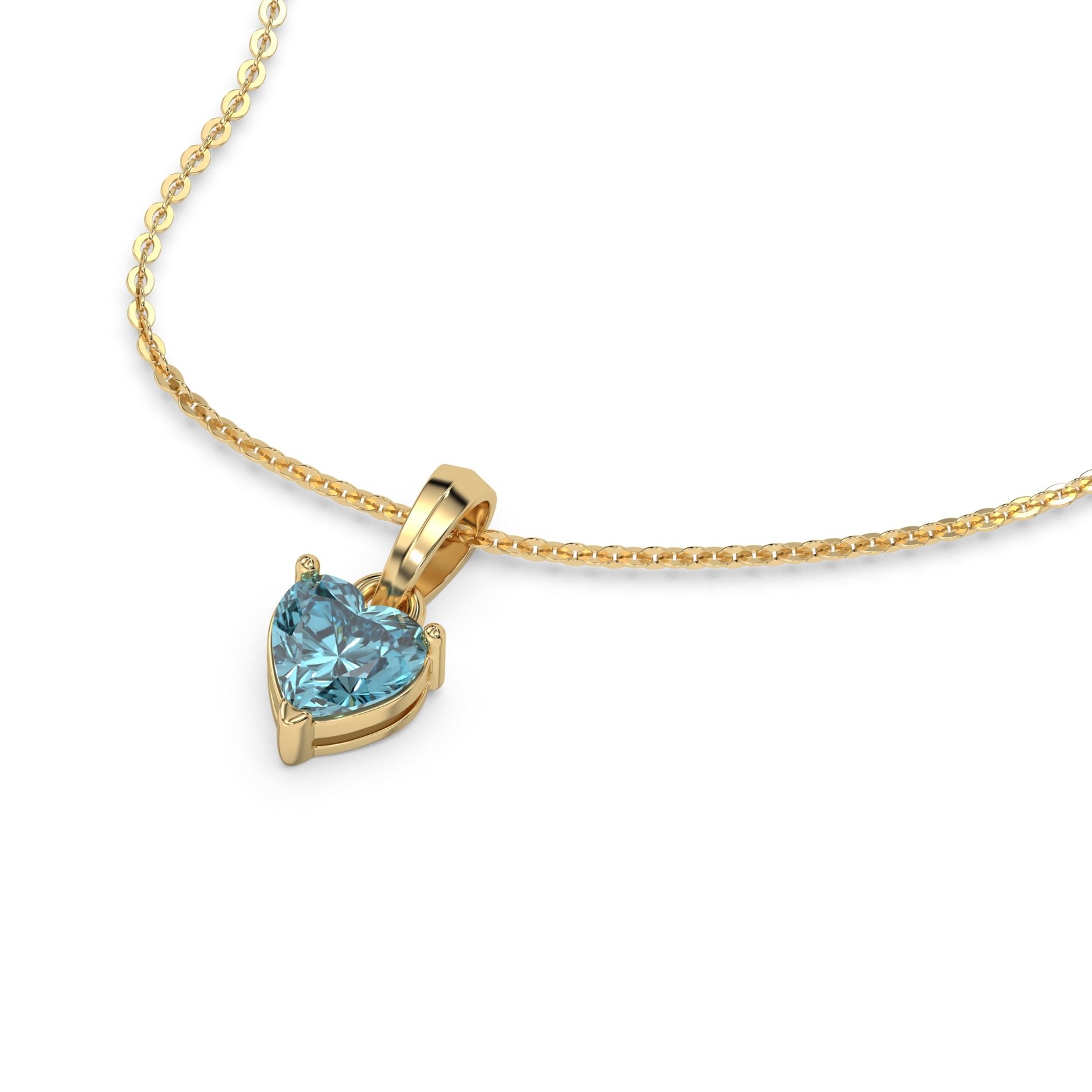 This yellow gold Fancy Blue Heart Solitaire Diamond Necklace made with a fancy Blue heart cut diamond in a four prong setting with adjustable chain in 3d view