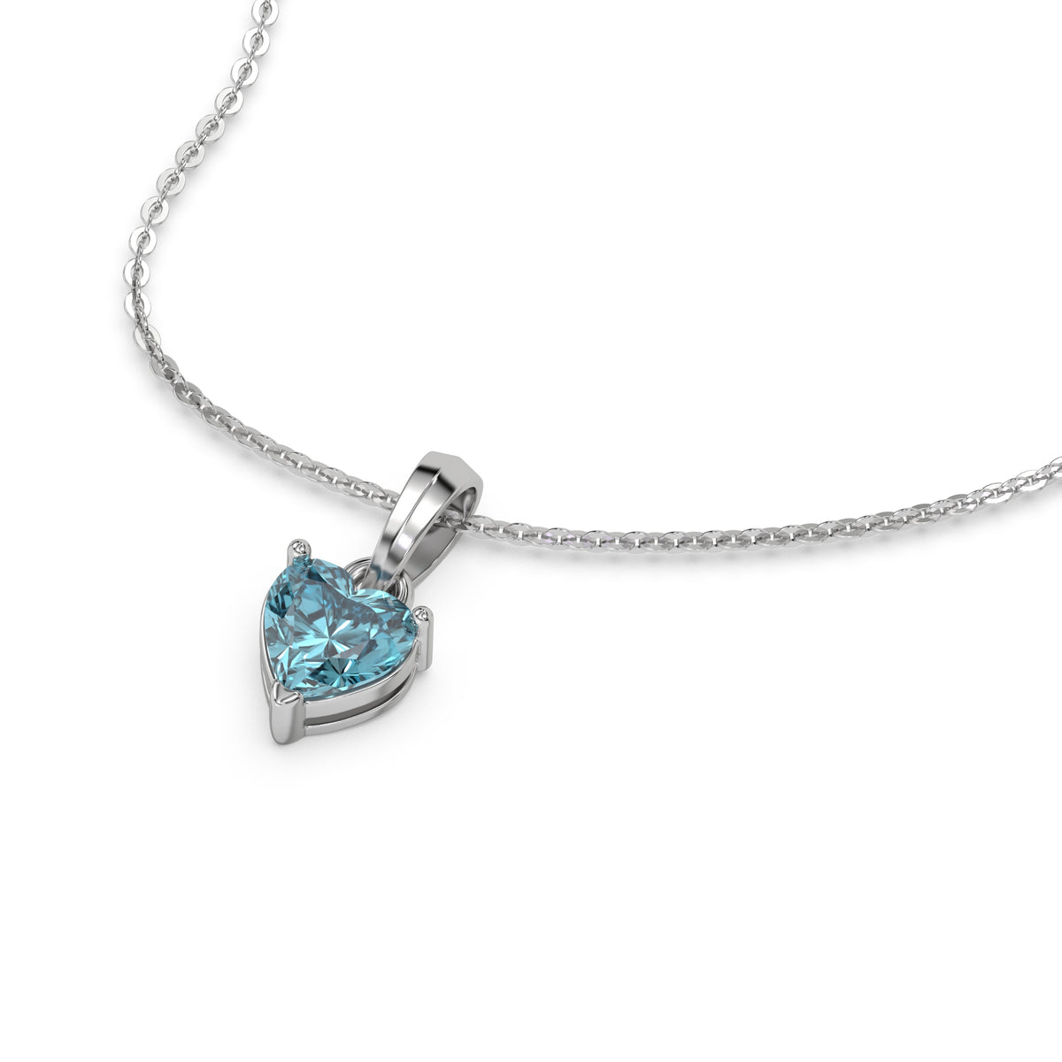 This white gold Fancy Blue Heart Solitaire Diamond Necklace made with a fancy Blue heart cut diamond in a four prong setting with adjustable chain in 3d view