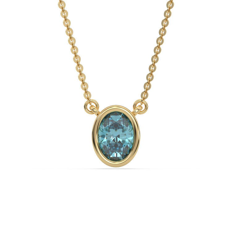 This yellow gold Fancy Blue Oval Solitaire Diamond Necklace made with an fancy Blue oval cut diamond in bezel setting with adjustable chain in top view