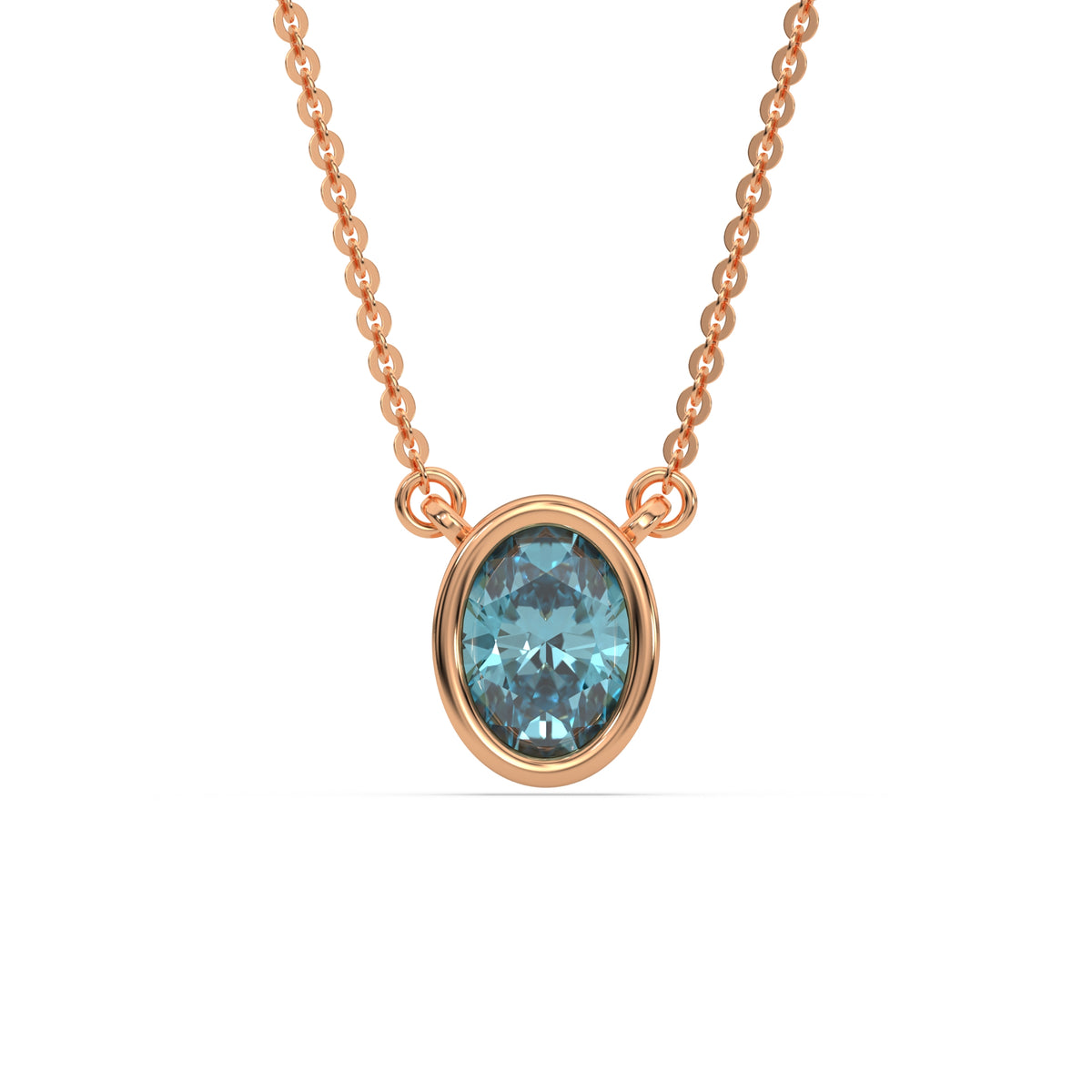 This rose gold Fancy Blue Oval Solitaire Diamond Necklace made with an fancy Blue oval cut diamond in bezel setting with adjustable chain in top view