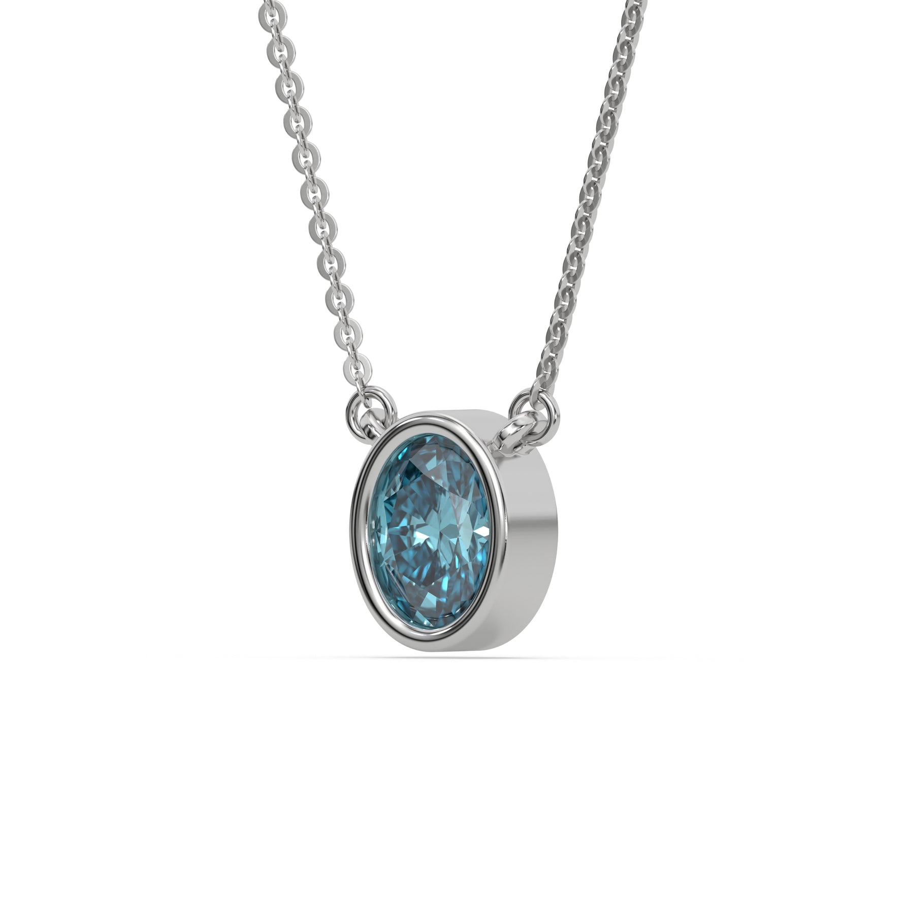 This white gold Fancy Blue Oval Solitaire Diamond Necklace made with an fancy Blue oval cut diamond in bezel setting with adjustable chain in side view