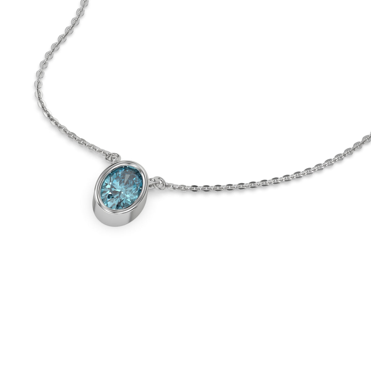 This white gold Fancy Blue Oval Solitaire Diamond Necklace made with an fancy Blue oval cut diamond in bezel setting with adjustable chain in 3d view