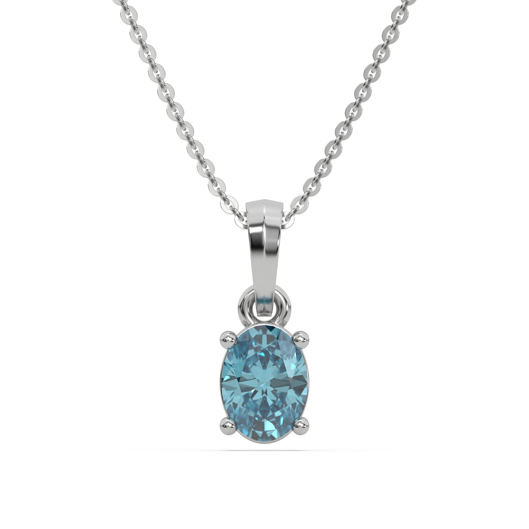 This white gold Fancy Blue Oval Solitaire Diamond Necklace made with an fancy Blue oval cut diamond in a four prong setting with adjustable chain in top view