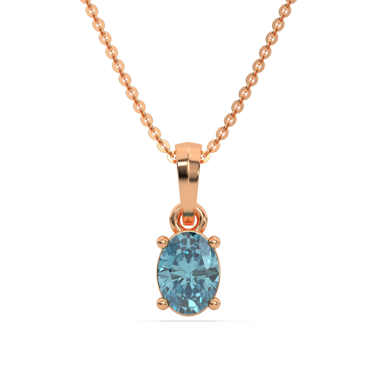 This rose gold Fancy Blue Oval Solitaire Diamond Necklace made with an fancy Blue oval cut diamond in a four prong setting with adjustable chain in top view