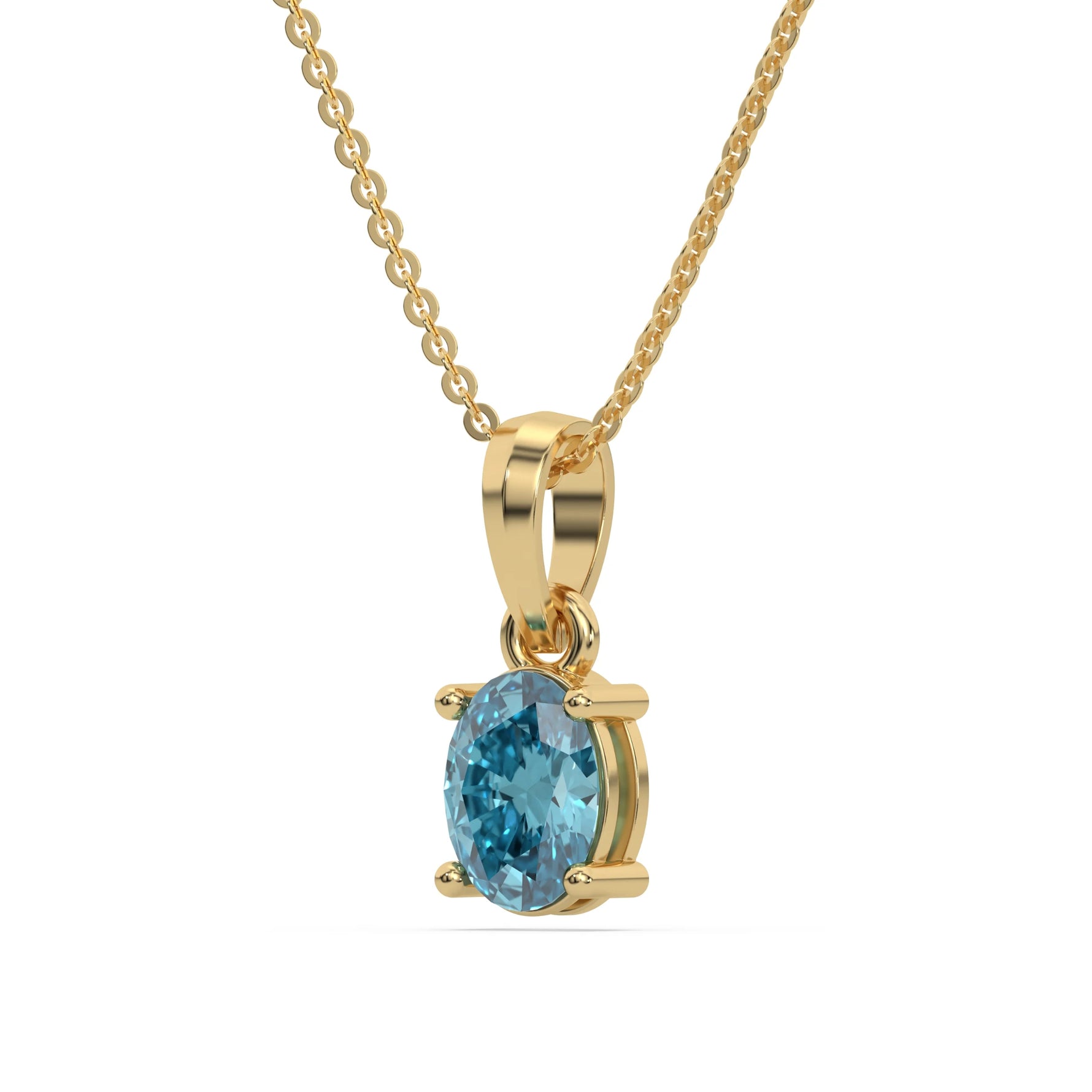 This yellow gold Fancy Blue Oval Solitaire Diamond Necklace made with an fancy Blue oval cut diamond in a four prong setting with adjustable chain in side view