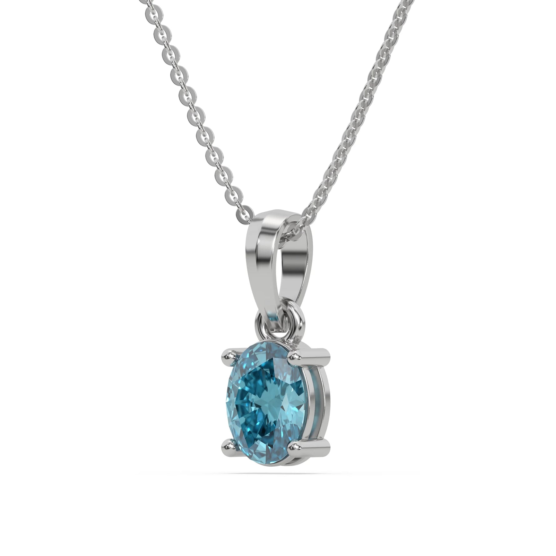 This white gold Fancy Blue Oval Solitaire Diamond Necklace made with an fancy Blue oval cut diamond in a four prong setting with adjustable chain in side view