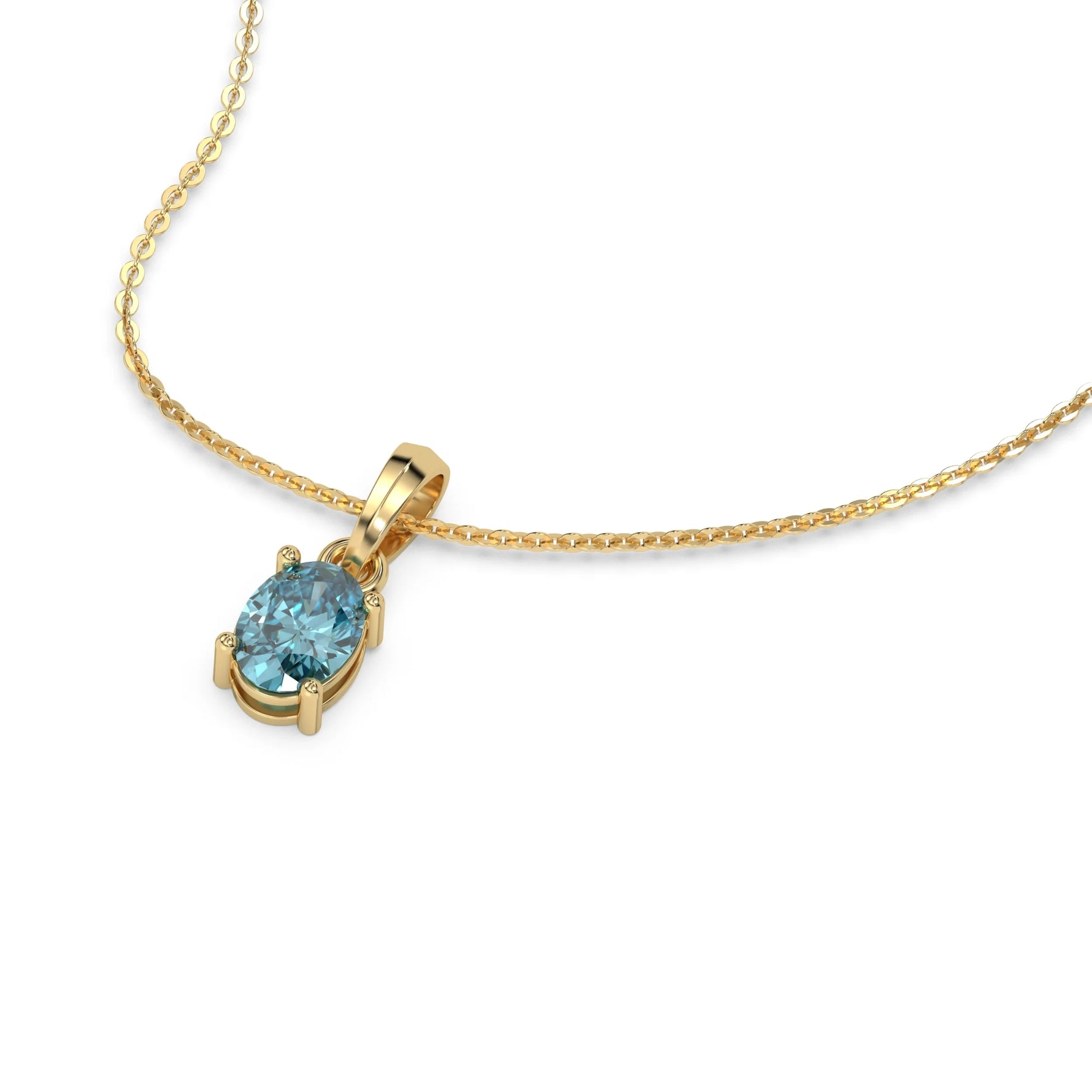 This yellow gold Fancy Blue Oval Solitaire Diamond Necklace made with an fancy Blue oval cut diamond in a four prong setting with adjustable chain in 3d view