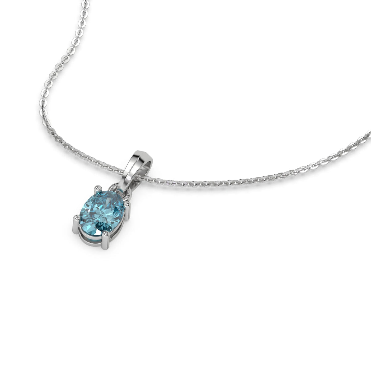 This white gold Fancy Blue Oval Solitaire Diamond Necklace made with an fancy Blue oval cut diamond in a four prong setting with adjustable chain in 3d view