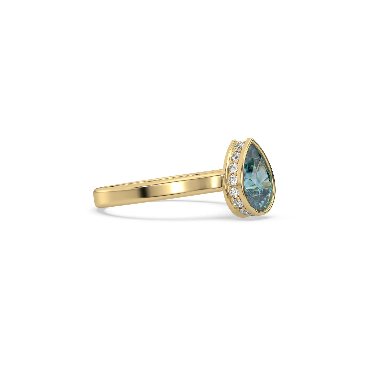 14K Yellow Gold Fancy Blue Pear Solitaire Diamond Engagement Ring 