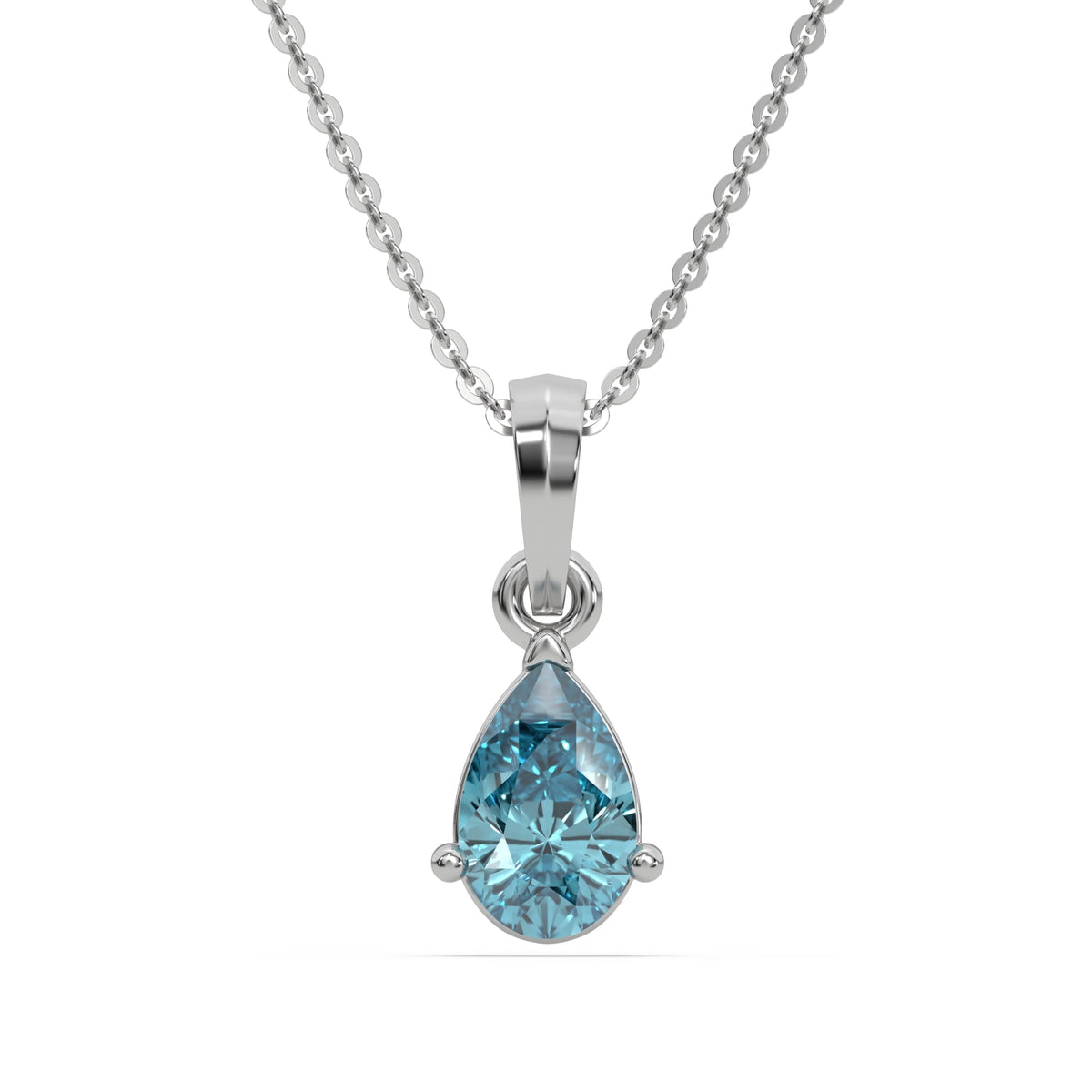 This white gold Fancy Blue Pear Solitaire Diamond Necklace made with a fancy Blue pear cut diamond in a four prong setting with adjustable chain in top view