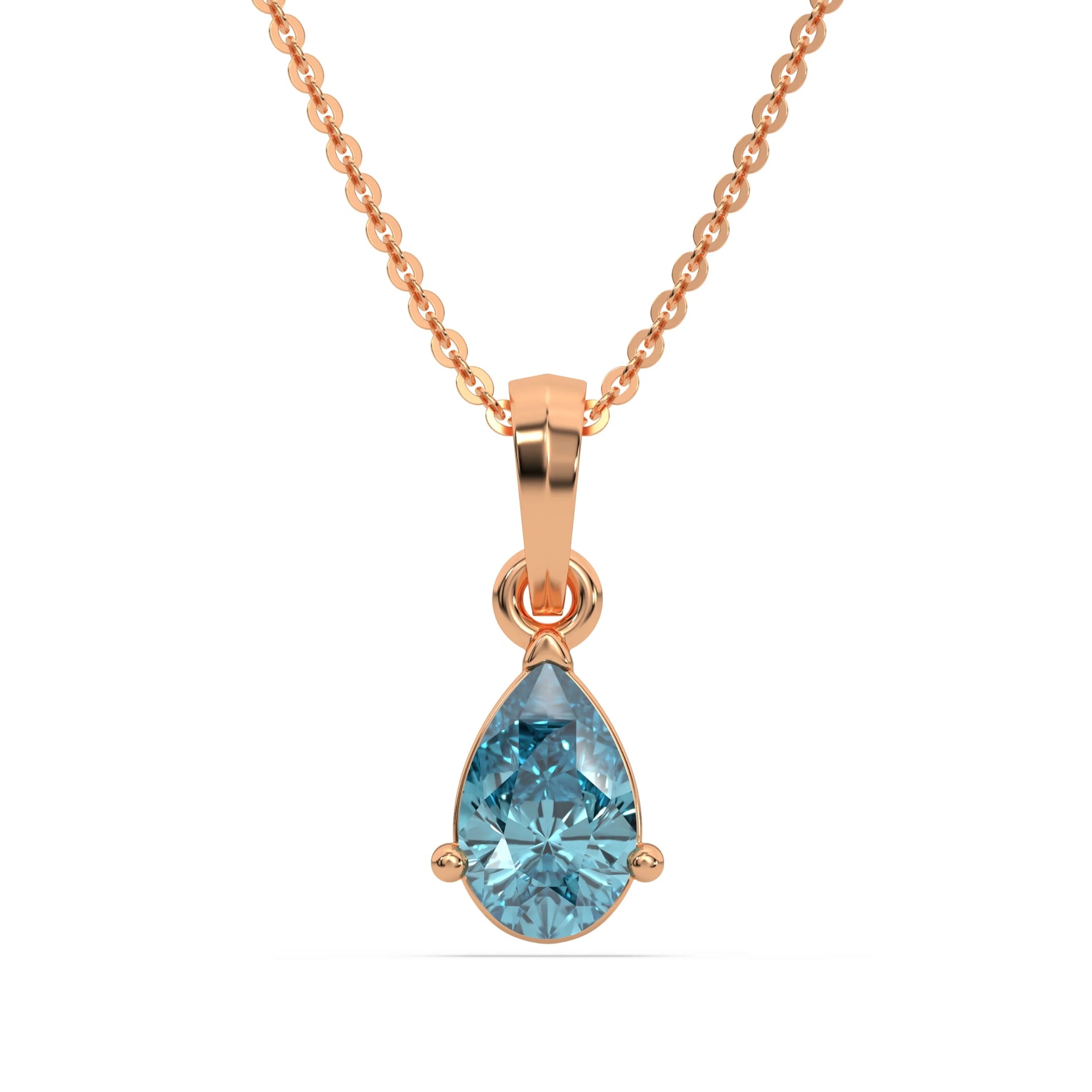 This rose gold Fancy Blue Pear Solitaire Diamond Necklace made with a fancy Blue pear cut diamond in a four prong setting with adjustable chain in top view