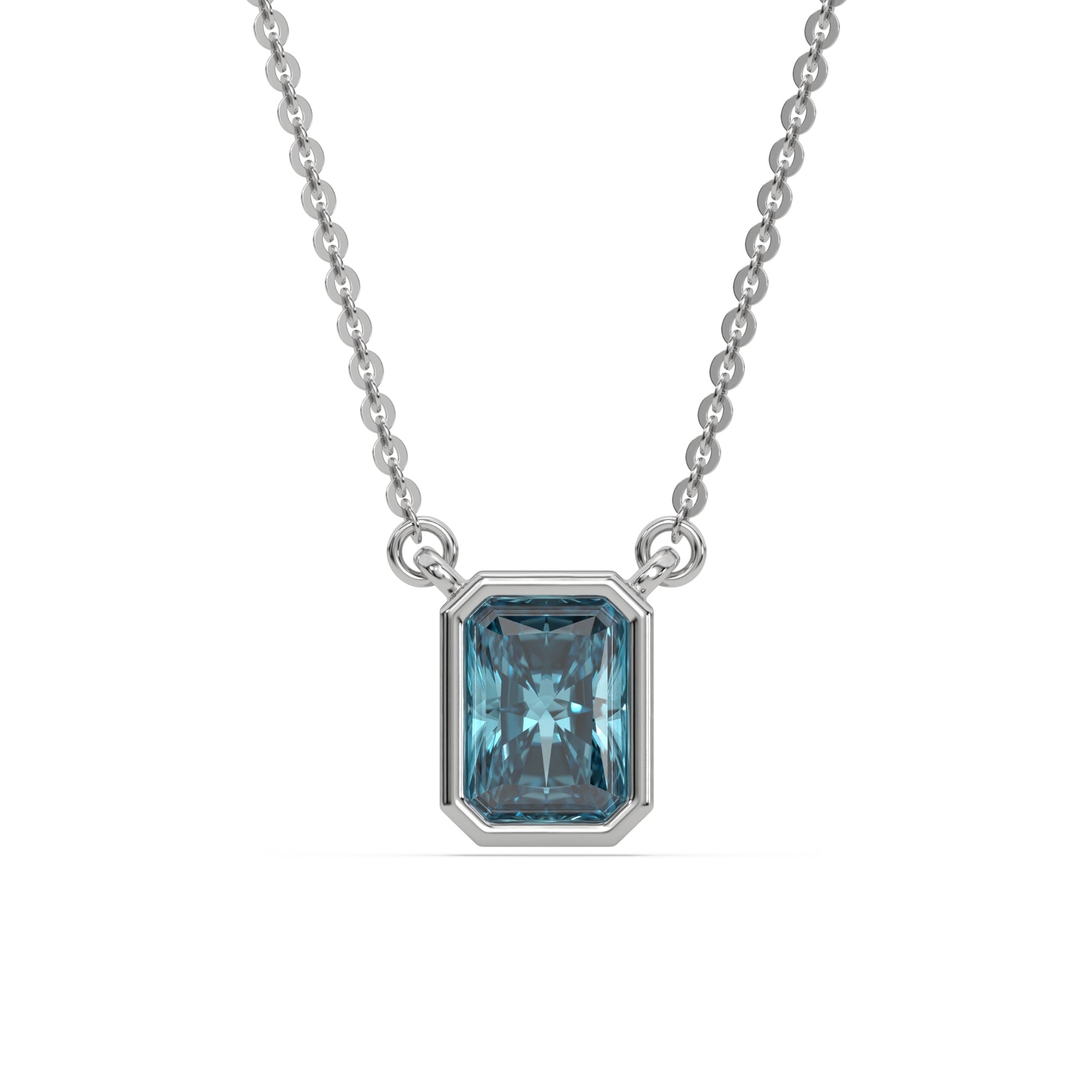 This white gold Fancy Blue Radiant Solitaire Diamond Necklace made with a fancy Blue radiant cut diamond in bezel setting with adjustable chain in top view