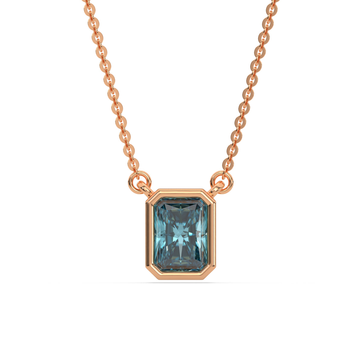 This rose gold Fancy Blue Radiant Solitaire Diamond Necklace made with a fancy Blue radiant cut diamond in bezel setting with adjustable chain in top view