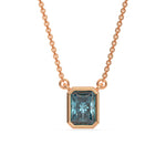 This rose gold Fancy Blue Radiant Solitaire Diamond Necklace made with a fancy Blue radiant cut diamond in bezel setting with adjustable chain in top view