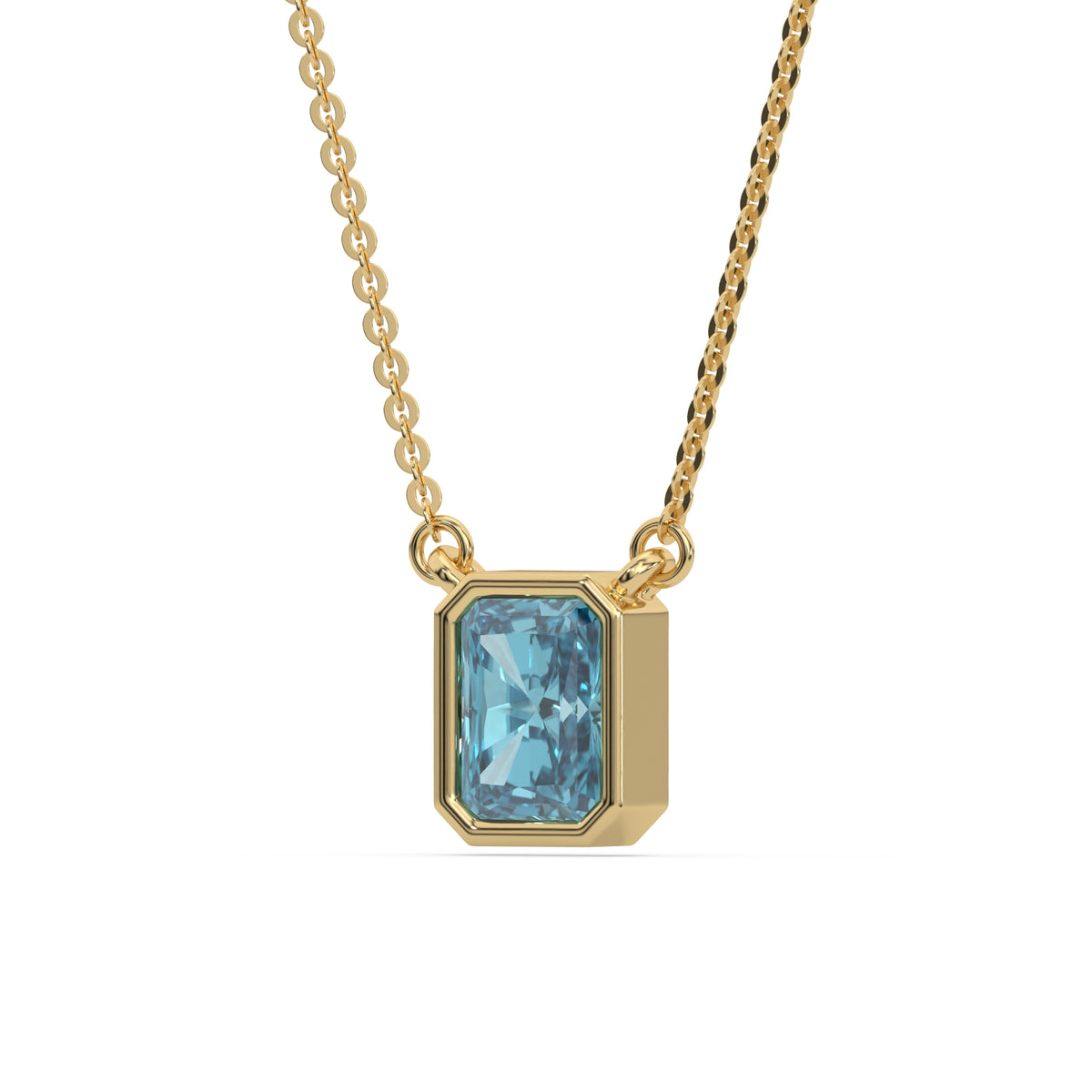 This yellow gold Fancy Blue Radiant Solitaire Diamond Necklace made with a fancy Blue radiant cut diamond in bezel setting with adjustable chain in side view