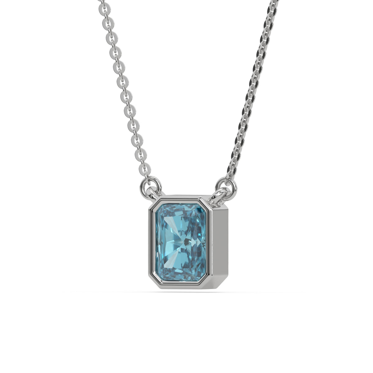 This white gold Fancy Blue Radiant Solitaire Diamond Necklace made with a fancy Blue radiant cut diamond in bezel setting with adjustable chain in side view