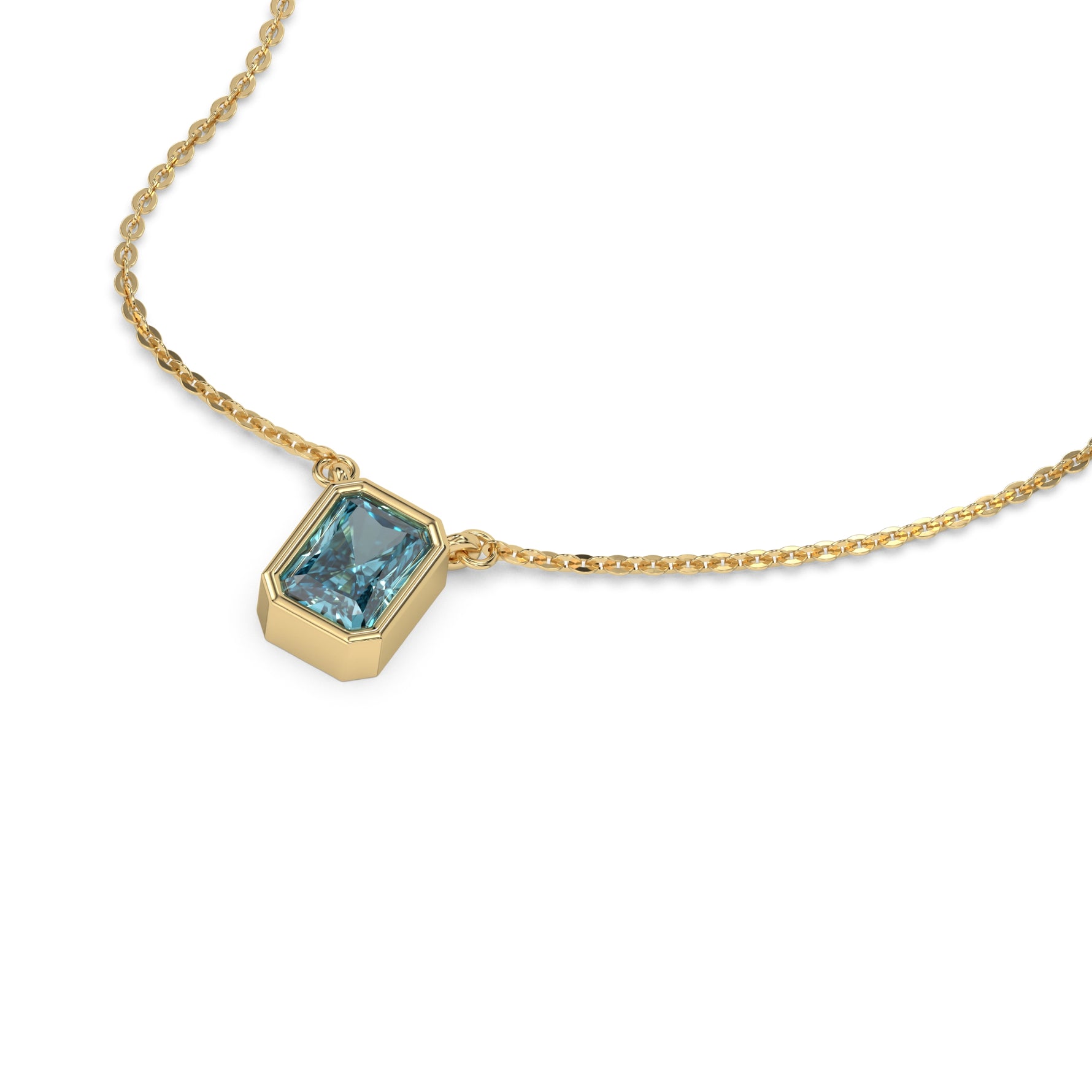 This yellow gold Fancy Blue Radiant Solitaire Diamond Necklace made with a fancy Blue radiant cut diamond in bezel setting with adjustable chain in 3d view