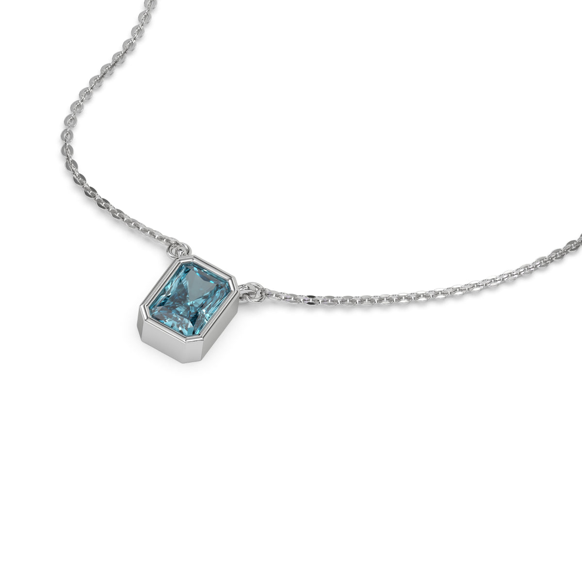 This white gold Fancy Blue Radiant Solitaire Diamond Necklace made with a fancy Blue radiant cut diamond in bezel setting with adjustable chain in 3d view