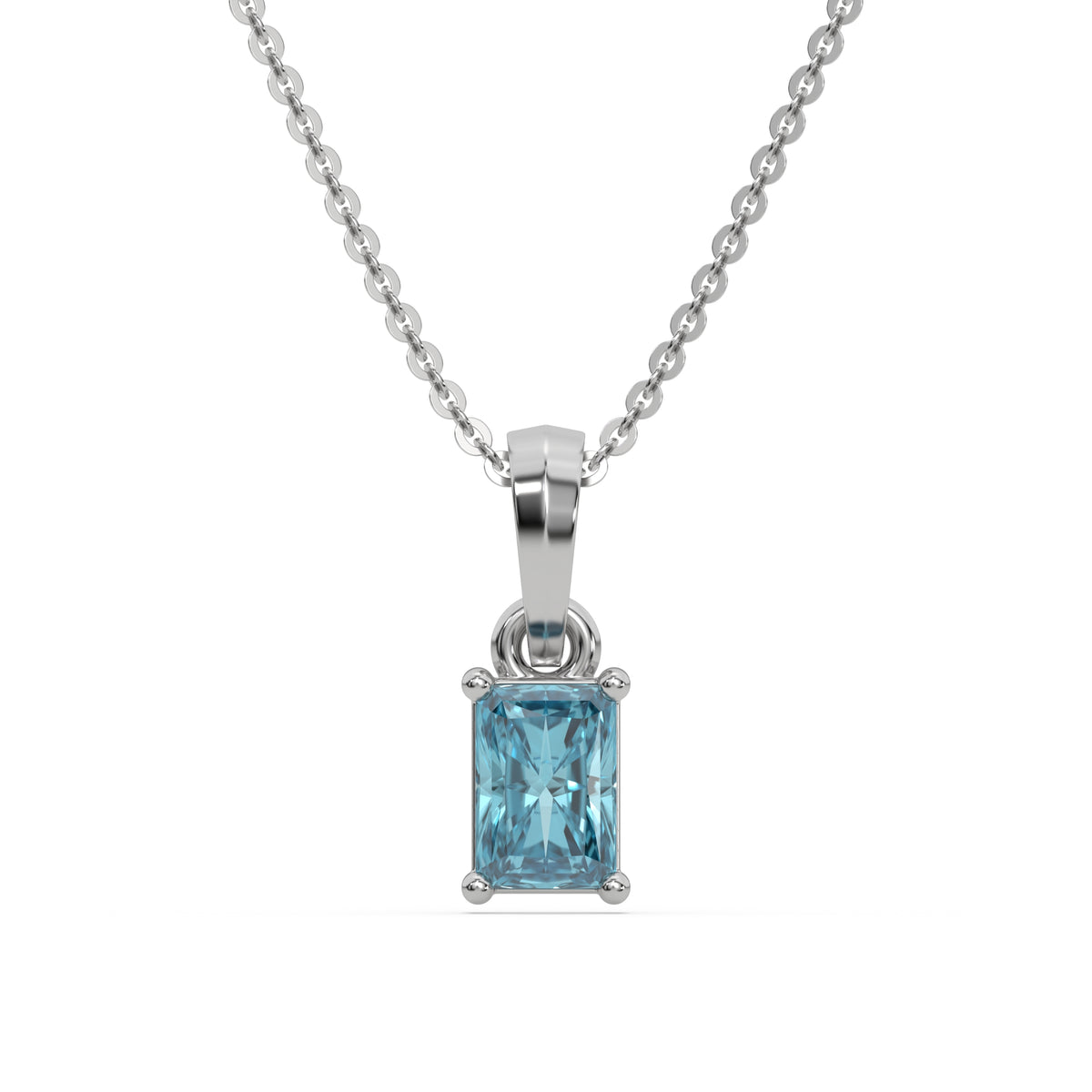 This white gold Fancy Blue Radiant Solitaire Diamond Necklace made with fancy radiant cut diamond in a four prong setting with adjustable chain in top view