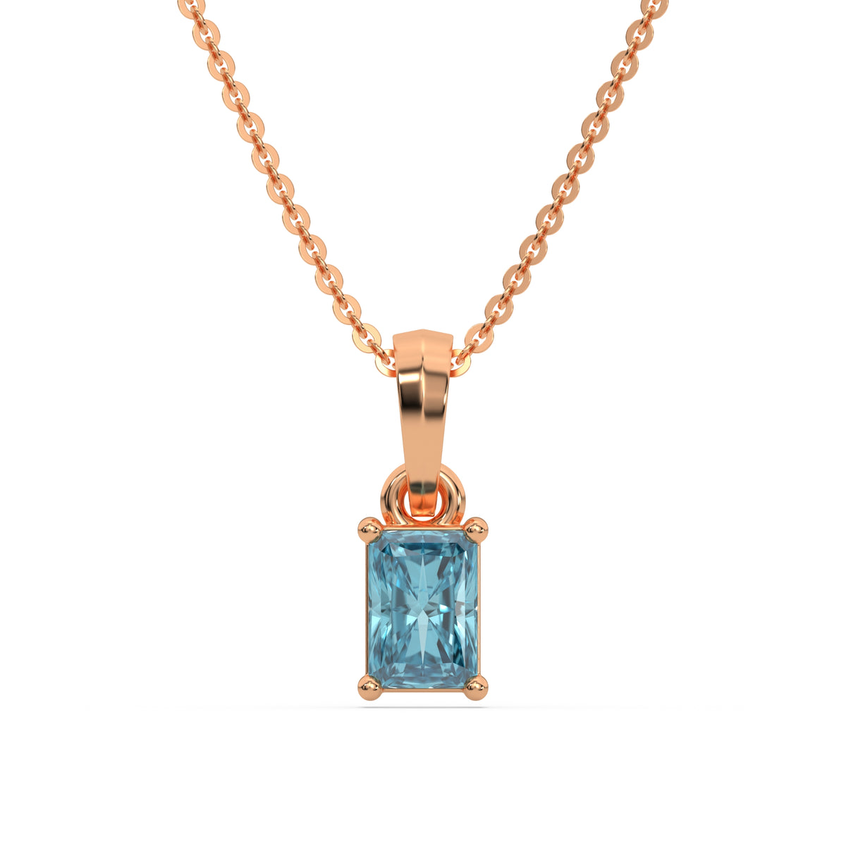 This rose gold Fancy Blue Radiant Solitaire Diamond Necklace made with fancy radiant cut diamond in a four prong setting with adjustable chain in top view