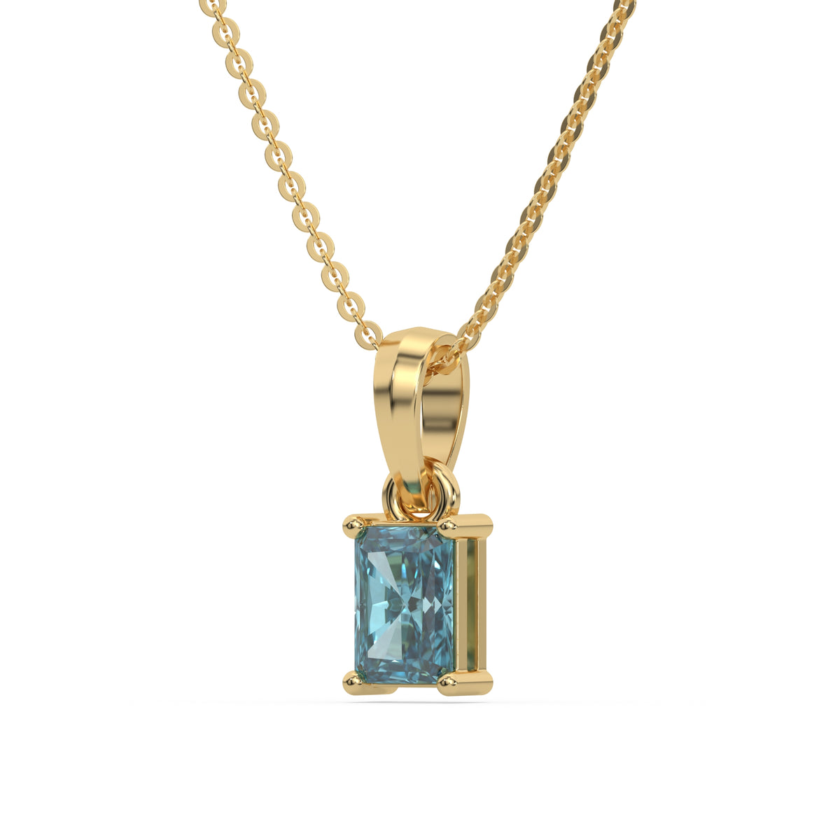 This yellow gold Fancy Blue Radiant Solitaire Diamond Necklace made with fancy radiant cut diamond in a four prong setting with adjustable chain in side view