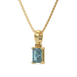 This yellow gold Fancy Blue Radiant Solitaire Diamond Necklace made with fancy radiant cut diamond in a four prong setting with adjustable chain in side view