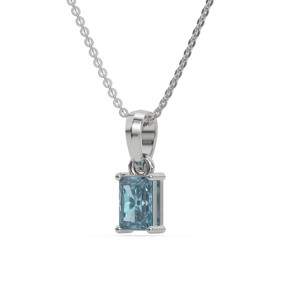 This white gold Fancy Blue Radiant Solitaire Diamond Necklace made with fancy radiant cut diamond in a four prong setting with adjustable chain in side view