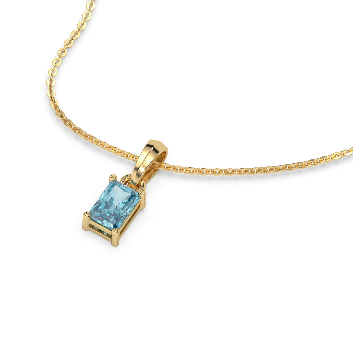 This yellow gold Fancy Blue Radiant Solitaire Diamond Necklace made with fancy radiant cut diamond in a four prong setting with adjustable chain in 3d view