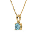 This yellow gold Fancy Blue Round Solitaire Diamond Necklace made with fancy Blue round brilliant-cut diamond in a four prong setting with adjustable chain in side view