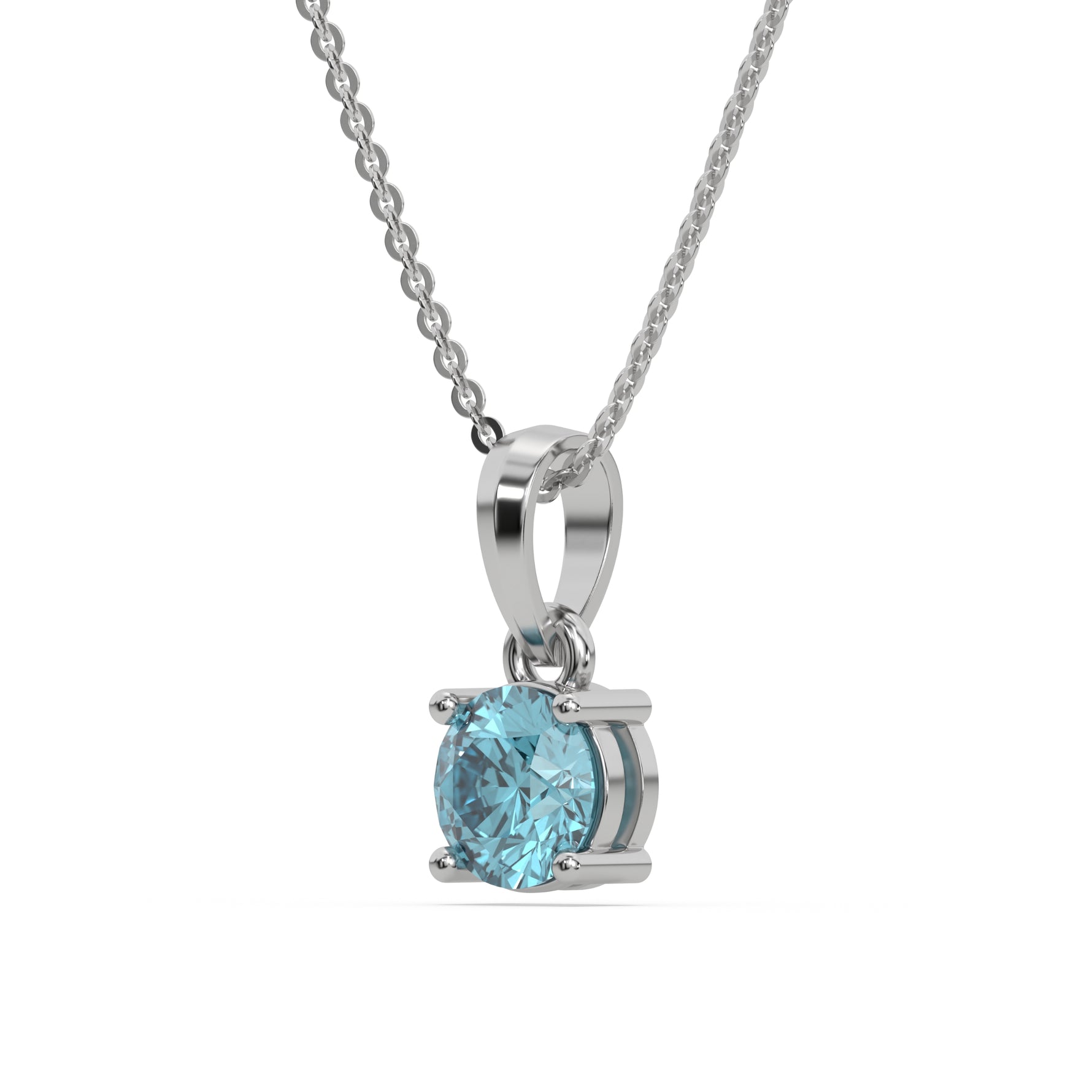 This white gold Fancy Blue Round Solitaire Diamond Necklace made with fancy Blue round brilliant-cut diamond in a four prong setting with adjustable chain in side view