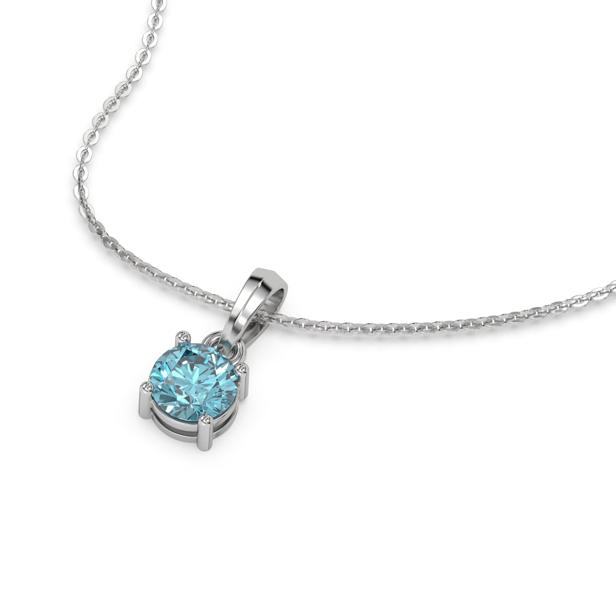 This white gold Fancy Blue Round Solitaire Diamond Necklace made with fancy Blue round brilliant-cut diamond in a four prong setting with adjustable chain in 3d view