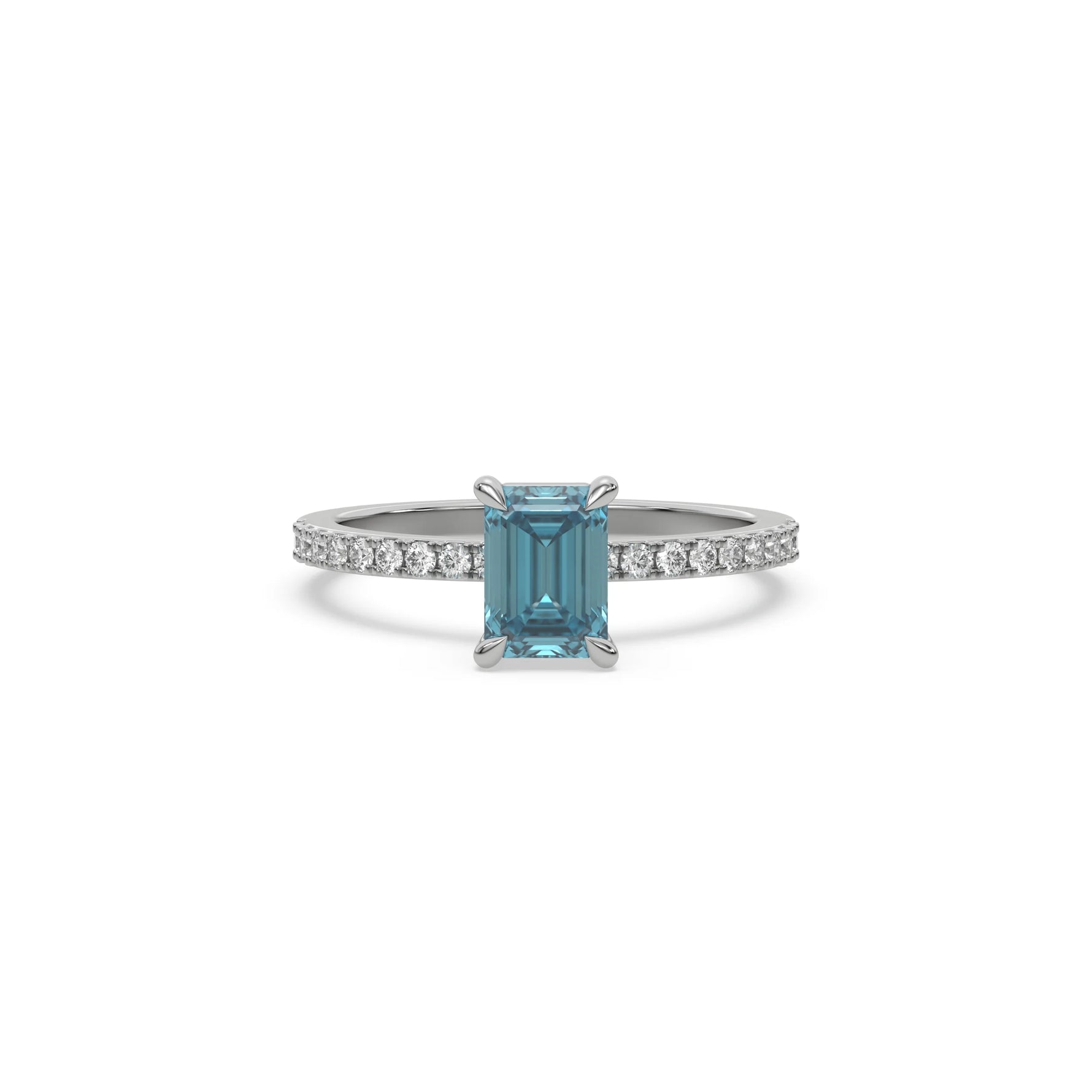 This white gold ring displayed in front view is made with a emerald solitaire diamond set in four-prong setting