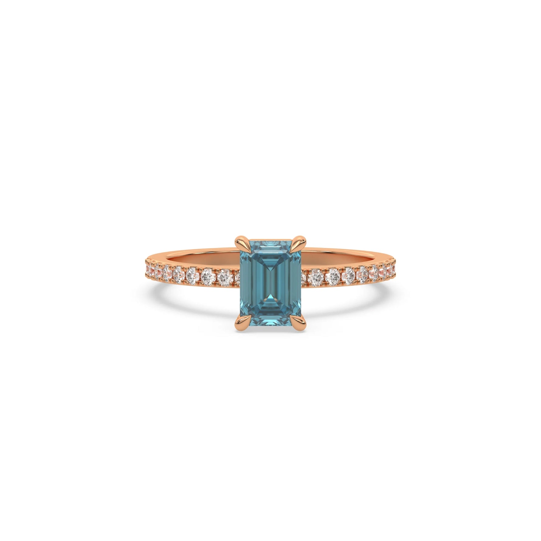 This rose gold ring displayed in front view is made with a emerald solitaire diamond set in four-prong setting