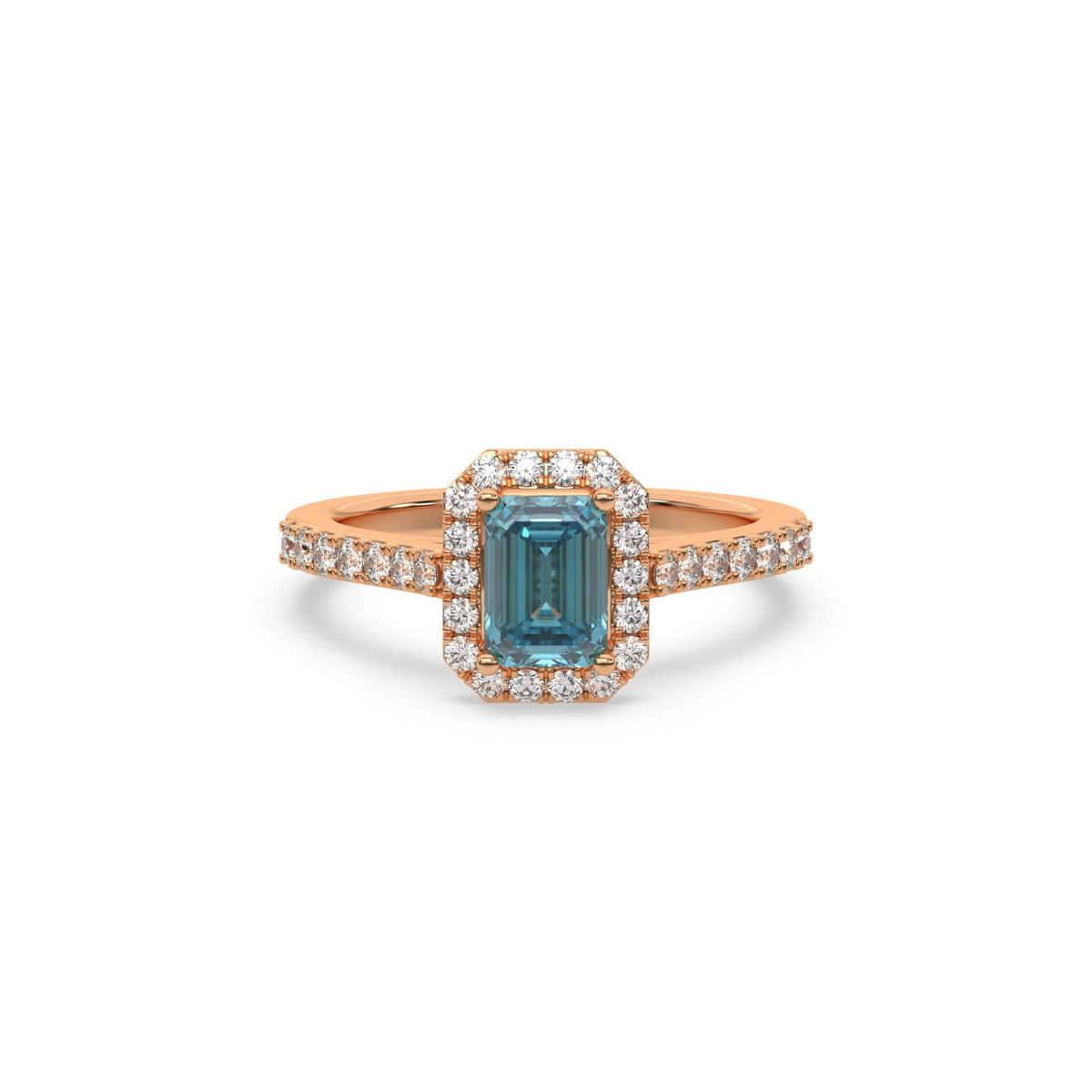 This rose gold ring displayed in front view is made with a Emerald solitaire diamond set in four-prong setting