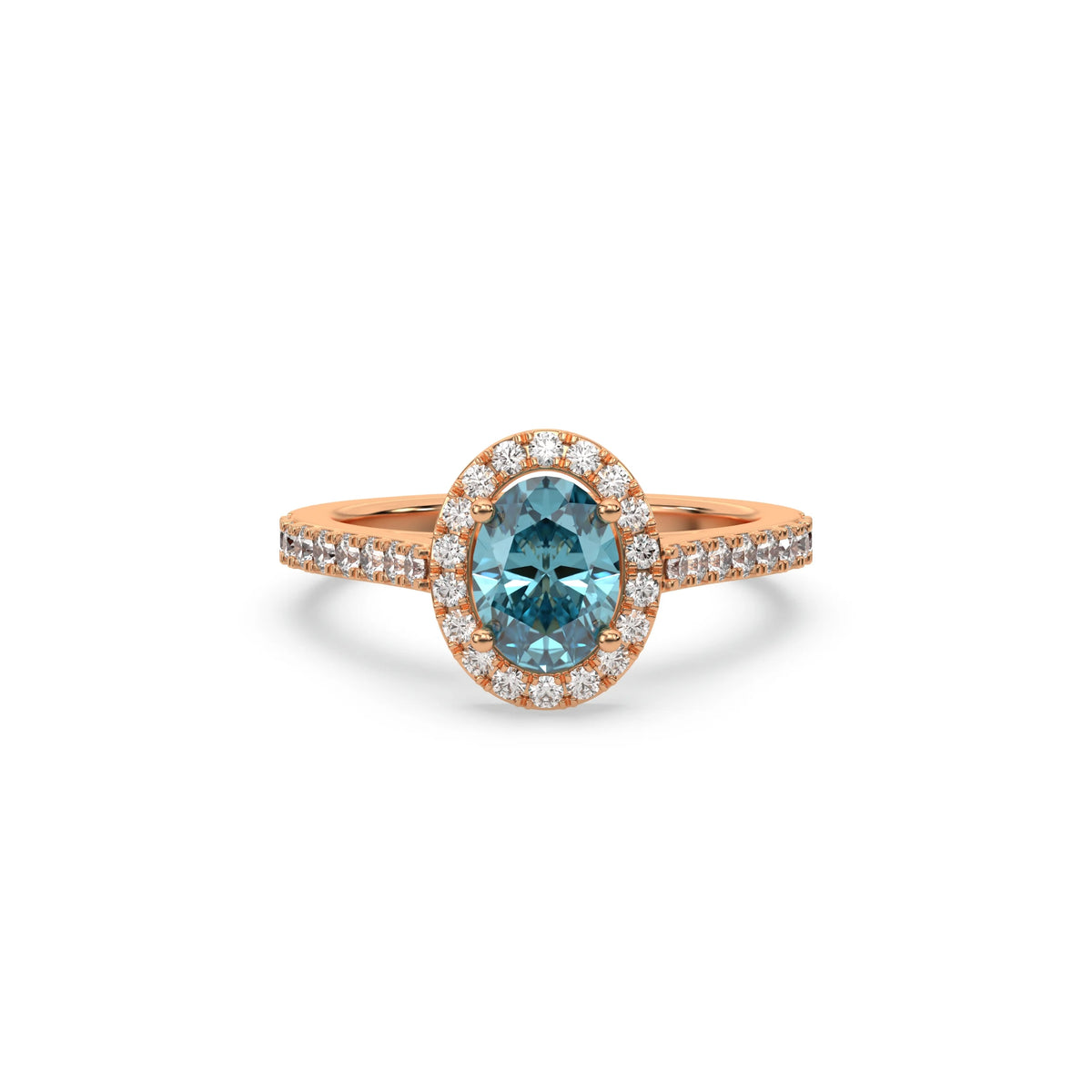 This rose gold ring displayed in front view is made with a oval solitaire diamond set in four-prong setting