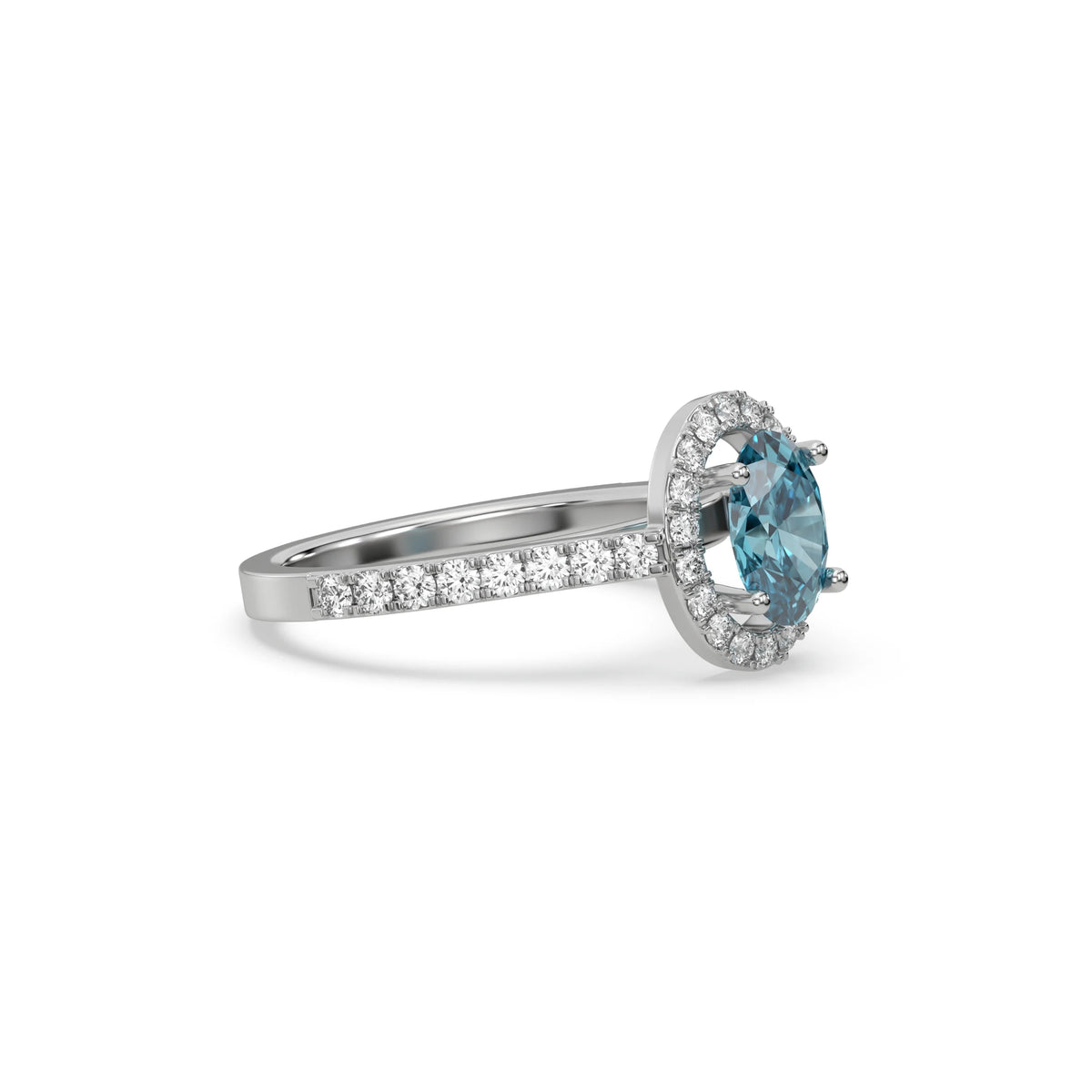 This white gold ring displayed in front view is made with a oval solitaire diamond set in four-prong setting