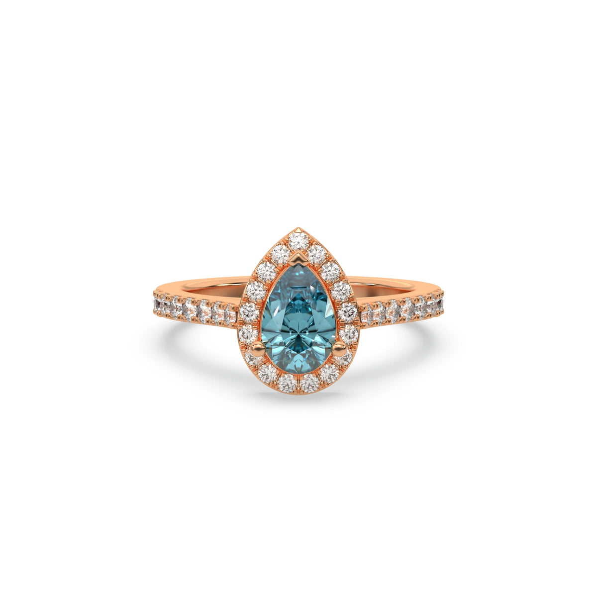 This rose gold ring displayed in front view is made with a pear solitaire diamond set in four-prong setting