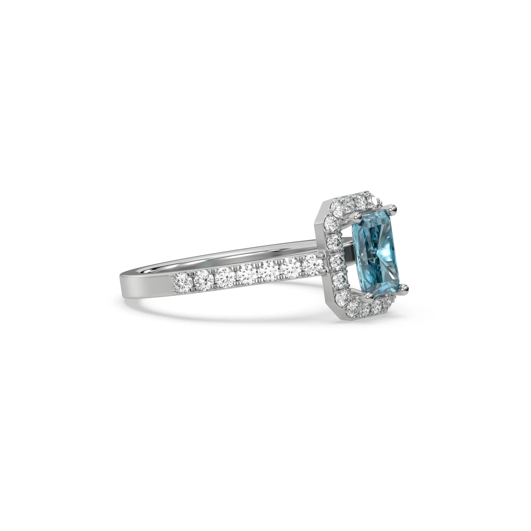 This white gold ring displayed in front view is made with a radiant solitaire diamond set in four-prong setting