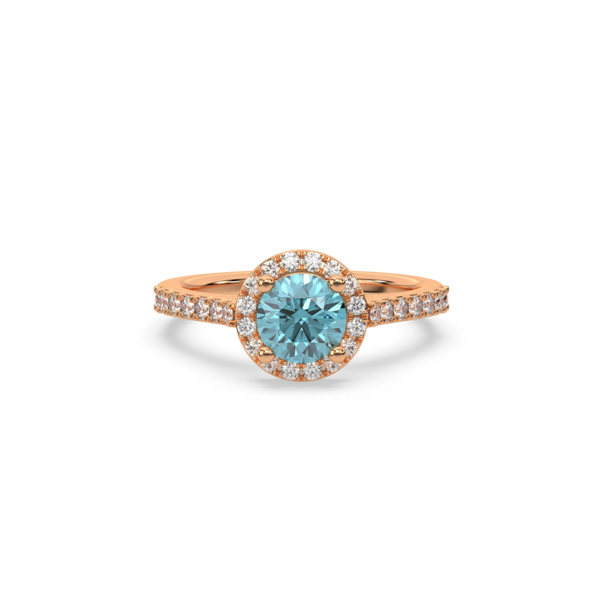 This rose gold ring displayed in front view is made with a round solitaire diamond set in four-prong setting