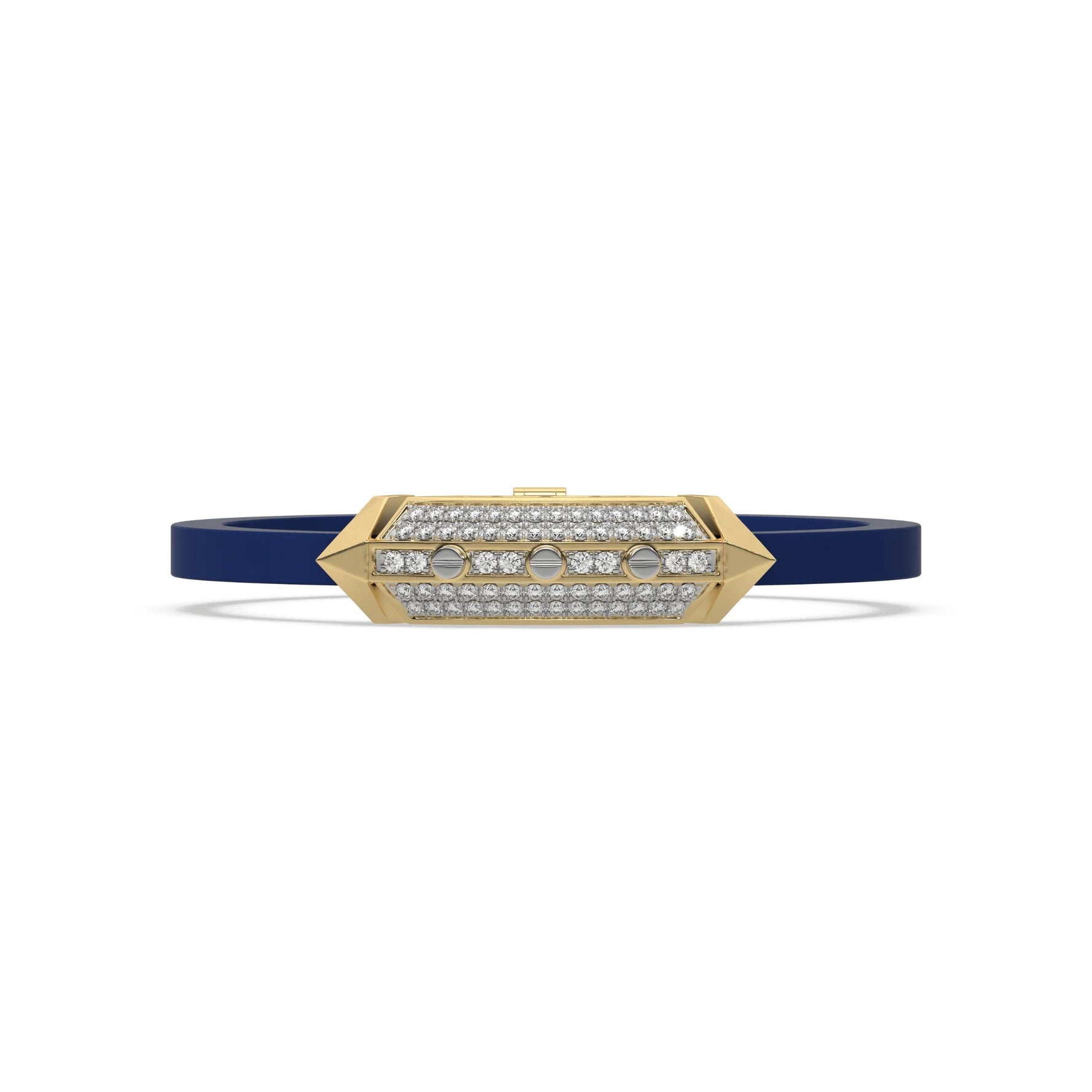 This yellow gold  infinity diamond rubber bracelet, a striking statement piece featuring two diamond rows on each end and a central bar line made with gold motifs and diamonds, all set in a prong setting in top view