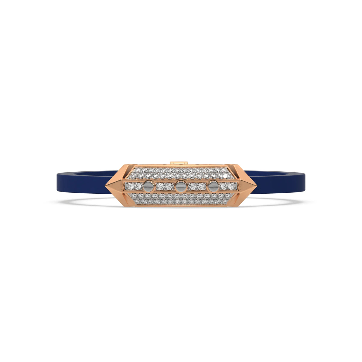 This rose gold  infinity diamond rubber bracelet, a striking statement piece featuring two diamond rows on each end and a central bar line made with gold motifs and diamonds, all set in a prong setting in top view