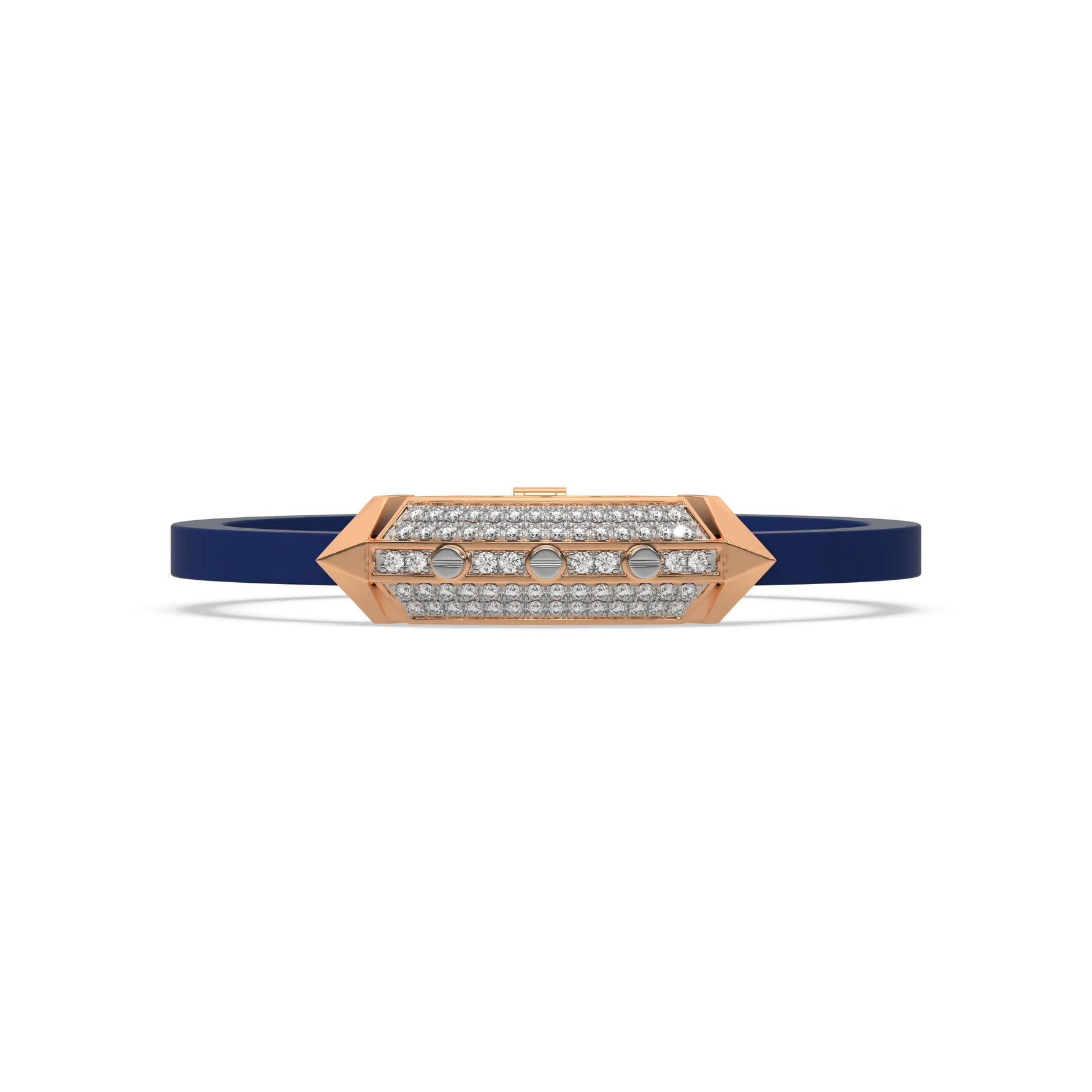 This rose gold  infinity diamond rubber bracelet, a striking statement piece featuring two diamond rows on each end and a central bar line made with gold motifs and diamonds, all set in a prong setting in top view