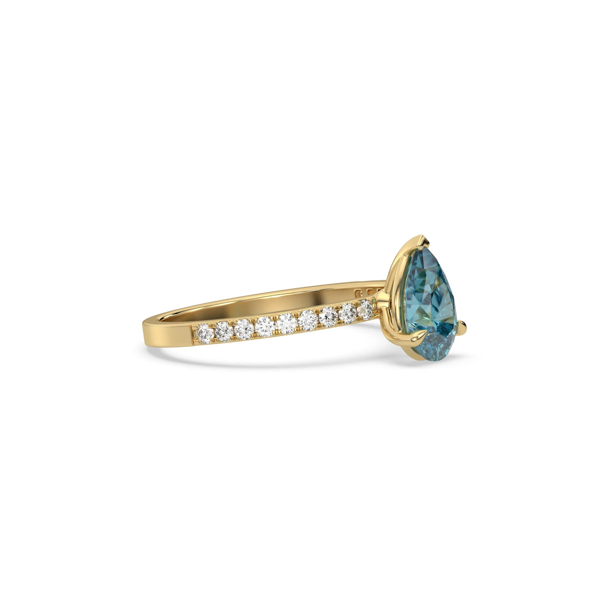 This yellow gold ring displayed in side view is made with a Pear solitaire diamond set in four-prong setting