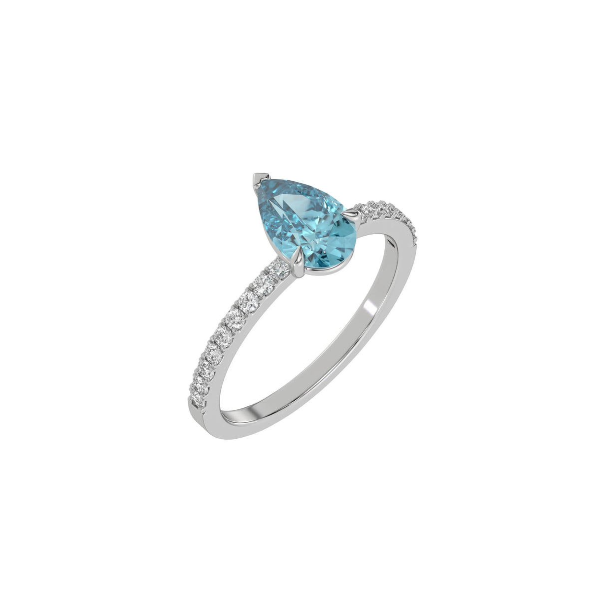 This white gold ring is made with a fancy Blue pear solitaire diamond set in three-prong setting, and is complemented by a round pave diamonds band in 3D view